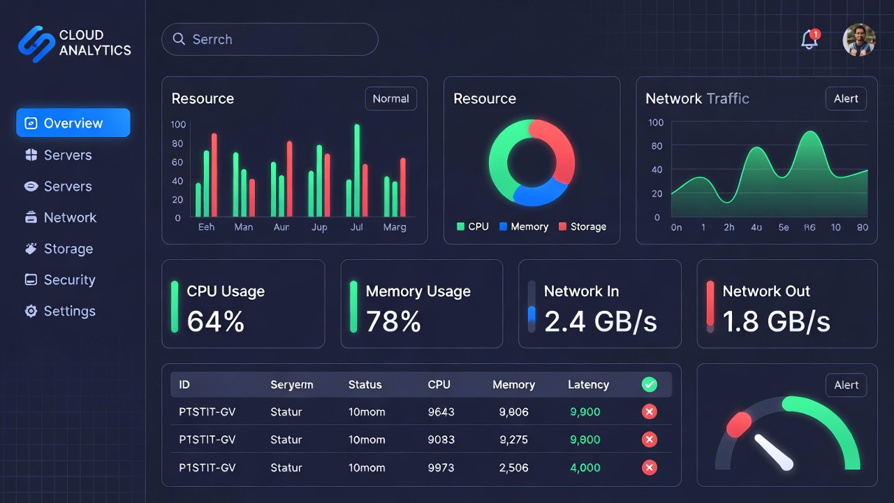 Modern cloud infrastructure dashboard showing real-time analytics